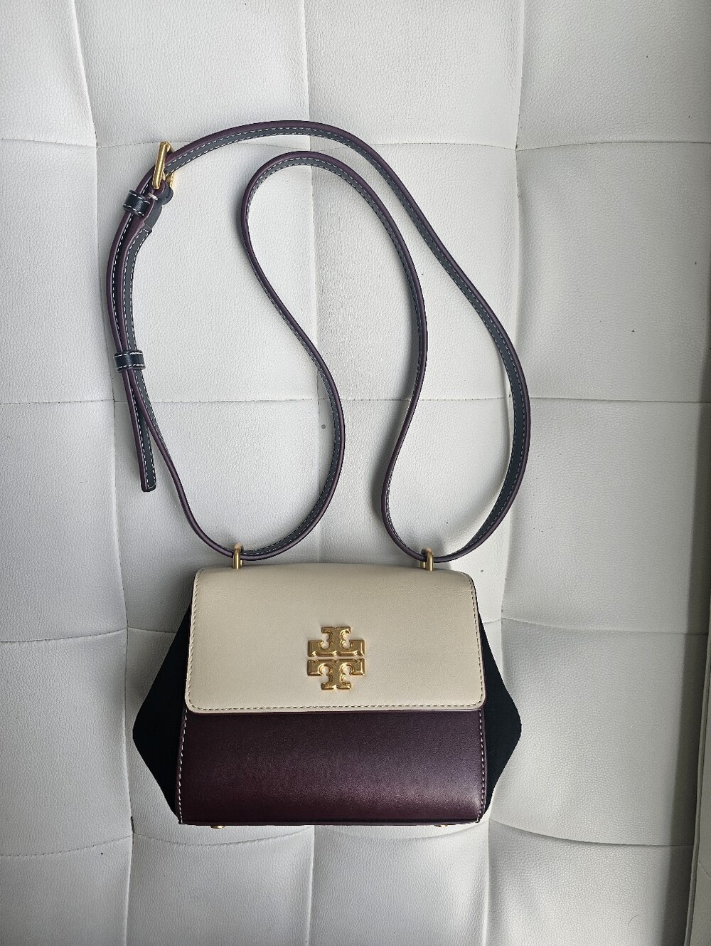 Authentic Tory Burch Black, Cream and Burgundy  Bag with Gold Hardware